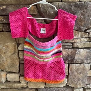 TACH Pink and Green Crochet Top